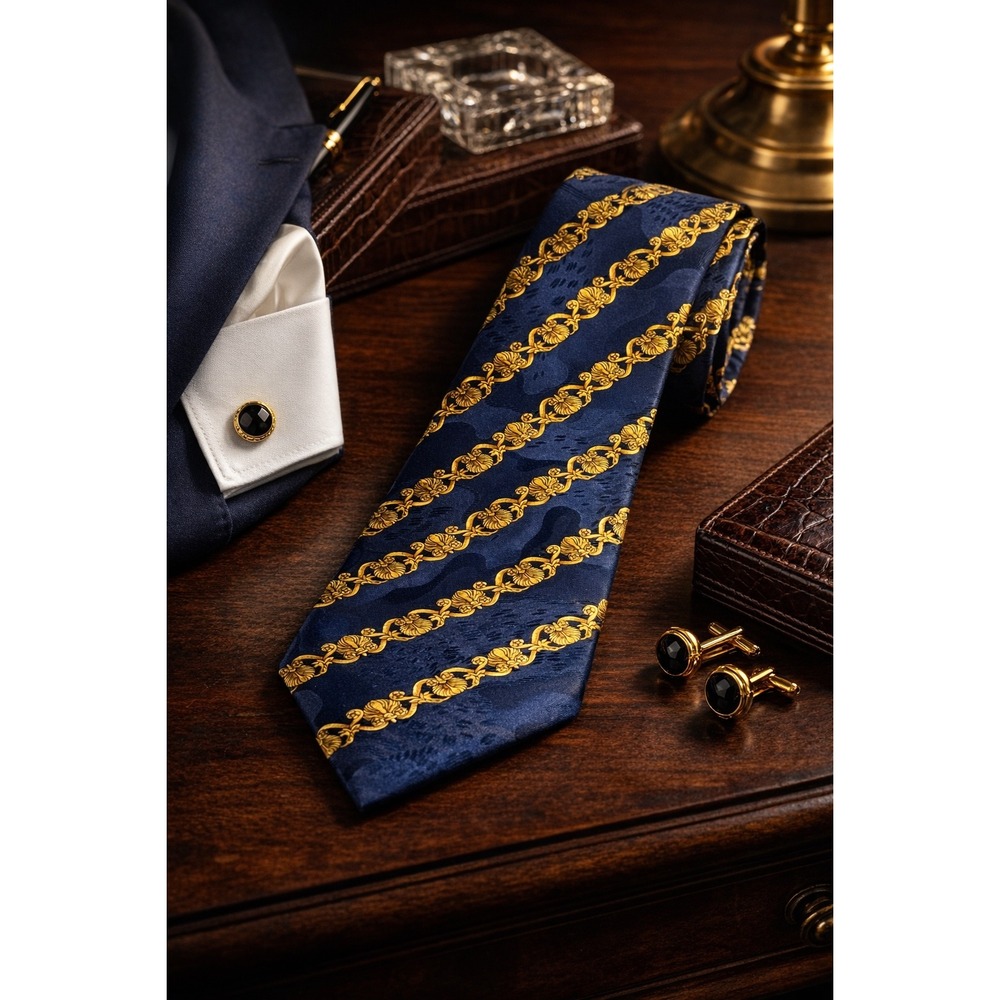Lanvin Paris Vintage Silk Tie Navy Blue Gold Shell Chain Nautical Made in France